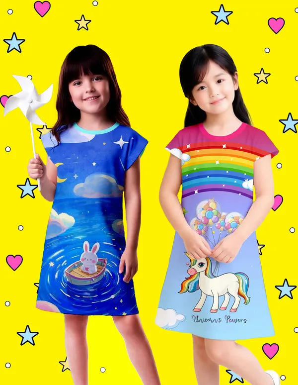 Nusyl_Girls_Sky_Blue_&_Hot_Pink_Bunny_Printed_&_Unicorn_Printed_Dresses_Pack_Of_2_Soft_&_Comfortable_Dresses_Cozy_Summer_Wear_For_Kids_&_Teen_Girls