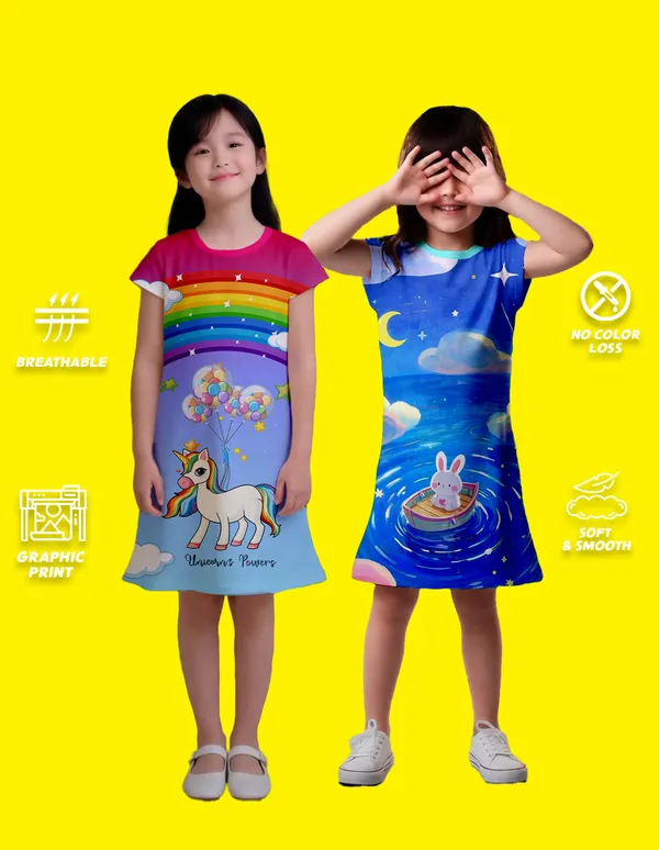 Nusyl_Girls_Sky_Blue_&_Hot_Pink_Bunny_Printed_&_Unicorn_Printed_Dresses_Pack_Of_2_Soft_&_Comfortable_Dresses_Cozy_Summer_Wear_For_Kids_&_Teen_Girls