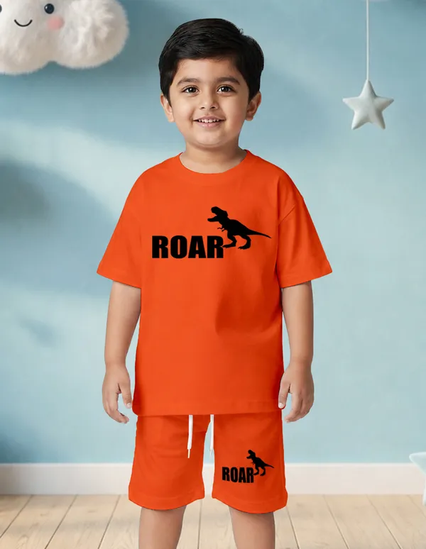 Nusyl_Boys_Orange_Dinosaur_Printed_&_Roar_Text_Printed_Cotton_Blend_Relaxed_T_Shirts_And_Shorts_With_Side_Pockets_Oversized_Length_T_Shirts_And_Shorts_Knee_Length