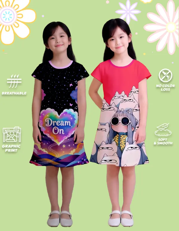 Nusyl_Girls_Hot_Pink_&_Lilac_Girl_Printed_&_Dream_On_Text_Printed_Dresses_Pack_Of_2_Soft_&_Comfortable_Dresses_Cozy_Summer_Wear_For_Kids_&_Teen_Girls