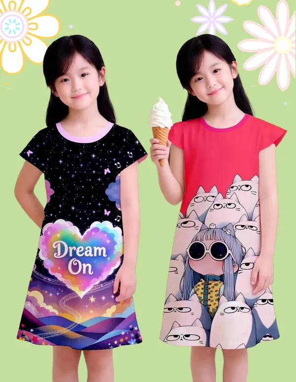 Nusyl_Girls_Hot_Pink_&_Lilac_Girl_Printed_&_Dream_On_Text_Printed_Dresses_Pack_Of_2_Soft_&_Comfortable_Dresses_Cozy_Summer_Wear_For_Kids_&_Teen_Girls
