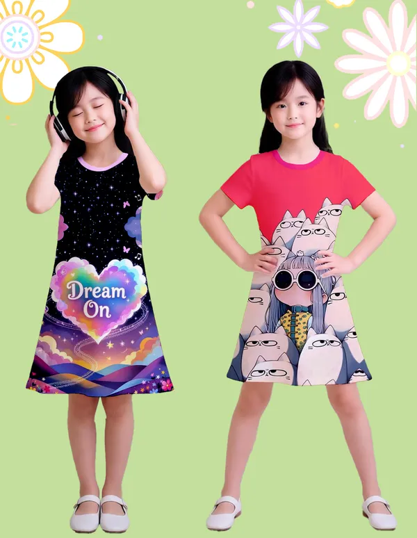 Nusyl_Girls_Hot_Pink_&_Lilac_Girl_Printed_&_Dream_On_Text_Printed_Dresses_Pack_Of_2_Soft_&_Comfortable_Dresses_Cozy_Summer_Wear_For_Kids_&_Teen_Girls