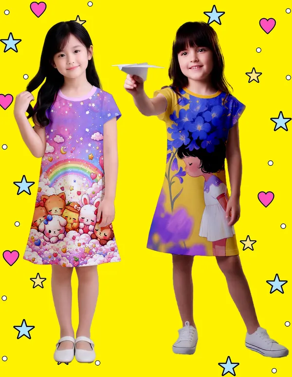 Nusyl_Girls_Lilac_&_Yellow_Girl_Printed_&_Teddy_Printed_Dresses_Pack_Of_2_Soft_&_Comfortable_Dresses_Cozy_Summer_Wear_For_Kids_&_Teen_Girls