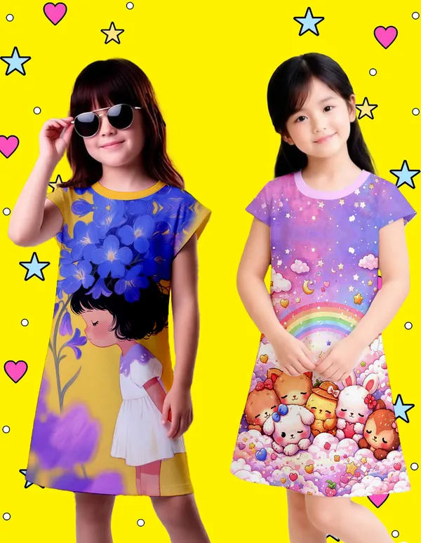 Nusyl_Girls_Lilac_&_Yellow_Girl_Printed_&_Teddy_Printed_Dresses_Pack_Of_2_Soft_&_Comfortable_Dresses_Cozy_Summer_Wear_For_Kids_&_Teen_Girls