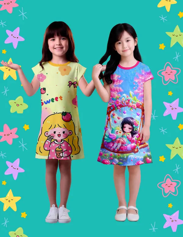 Nusyl_Girls_Yellow_&_Hot_Pink_Girl_Printed_&_Sweet_Text_Printed_Dresses_Pack_Of_2_Soft_&_Comfortable_Dresses_Cozy_Summer_Wear_For_Kids_&_Teen_Girls