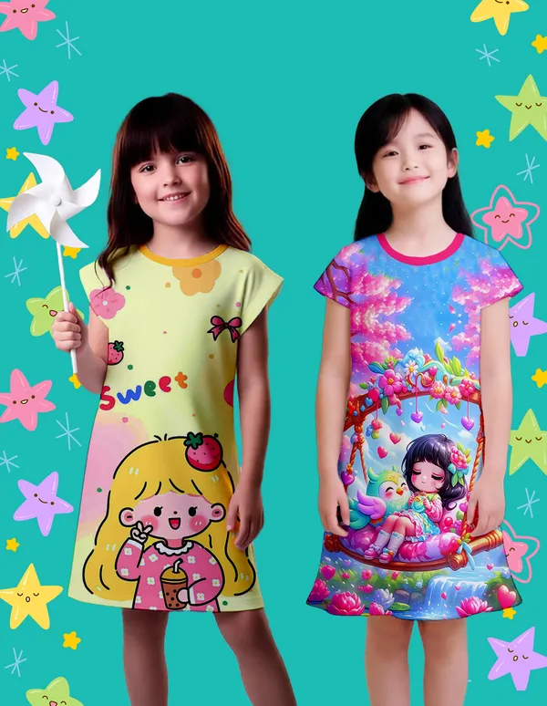 Nusyl_Girls_Yellow_&_Hot_Pink_Girl_Printed_&_Sweet_Text_Printed_Dresses_Pack_Of_2_Soft_&_Comfortable_Dresses_Cozy_Summer_Wear_For_Kids_&_Teen_Girls