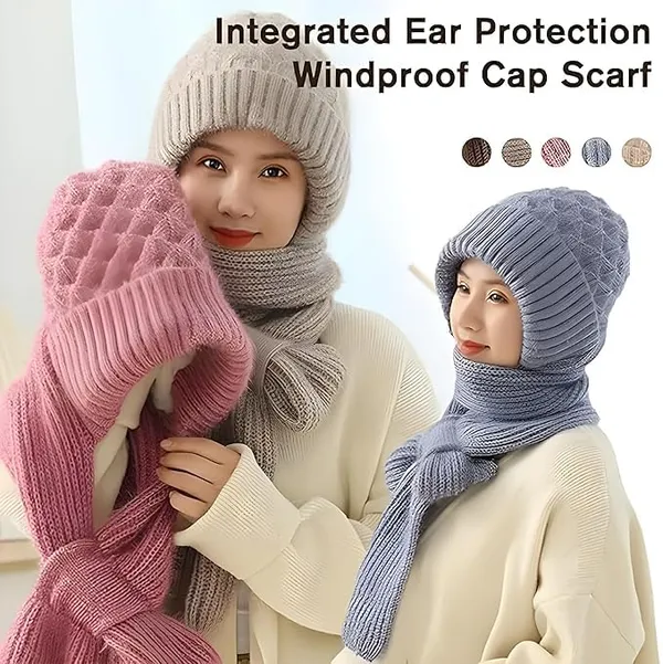Multicolor_Wool_Crochet_Hooded_Scarf_Cap_2_In_1_Windproof_For_Women_Girls