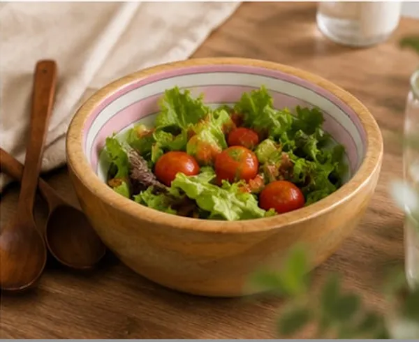 NESTMART_Premium_&_Durable__Wooden_Serving_Bowl_with_Baby_Pink_Concetric_Circle_Pattern_|_Multipurpose_Fruit,_Salad_&_Snack_Bowl_|_Handcrafted_Wooden_Bowl