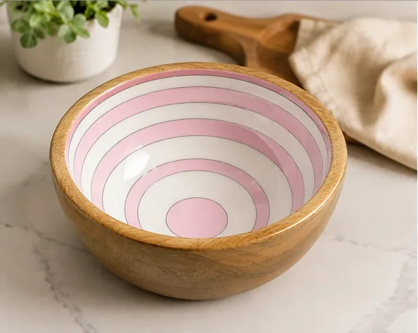 NESTMART_Premium_&_Durable__Wooden_Serving_Bowl_with_Baby_Pink_Concetric_Circle_Pattern_|_Multipurpose_Fruit,_Salad_&_Snack_Bowl_|_Handcrafted_Wooden_Bowl