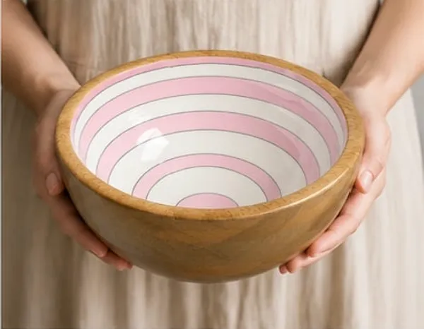 NESTMART_Premium_&_Durable__Wooden_Serving_Bowl_with_Baby_Pink_Concetric_Circle_Pattern_|_Multipurpose_Fruit,_Salad_&_Snack_Bowl_|_Handcrafted_Wooden_Bowl