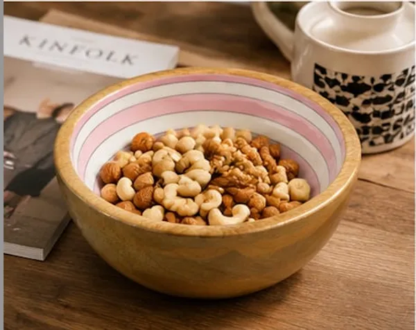NESTMART_Premium_&_Durable__Wooden_Serving_Bowl_with_Baby_Pink_Concetric_Circle_Pattern_|_Multipurpose_Fruit,_Salad_&_Snack_Bowl_|_Handcrafted_Wooden_Bowl