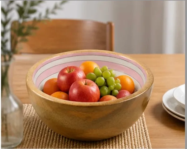 NESTMART_Premium_&_Durable__Wooden_Serving_Bowl_with_Baby_Pink_Concetric_Circle_Pattern_|_Multipurpose_Fruit,_Salad_&_Snack_Bowl_|_Handcrafted_Wooden_Bowl