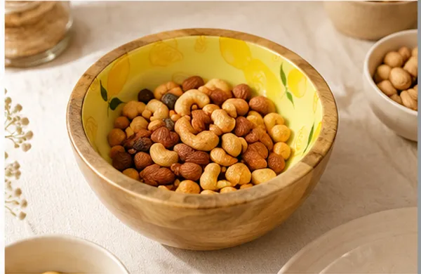 NESTMART_Premium_&_Durable__Wooden_Serving_Bowl_with_Citrus_Bloom_artwork_|_Multipurpose_Fruit,_Salad_&_Snack_Bowl_|_Handcrafted_Wooden_Bowl