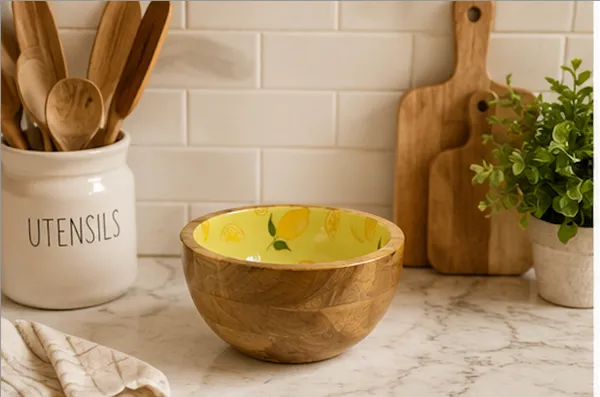 NESTMART_Premium_&_Durable__Wooden_Serving_Bowl_with_Citrus_Bloom_artwork_|_Multipurpose_Fruit,_Salad_&_Snack_Bowl_|_Handcrafted_Wooden_Bowl