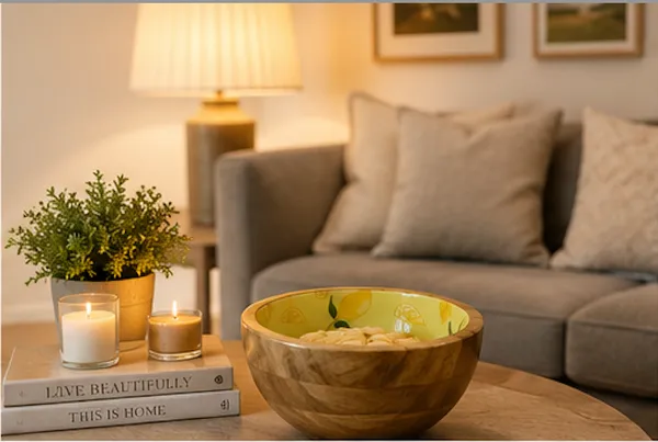 NESTMART_Premium_&_Durable__Wooden_Serving_Bowl_with_Citrus_Bloom_artwork_|_Multipurpose_Fruit,_Salad_&_Snack_Bowl_|_Handcrafted_Wooden_Bowl