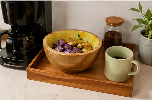 NESTMART_Premium_&_Durable__Wooden_Serving_Bowl_with_Citrus_Bloom_artwork_|_Multipurpose_Fruit,_Salad_&_Snack_Bowl_|_Handcrafted_Wooden_Bowl