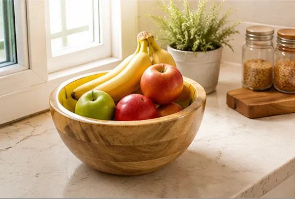 NESTMART_Premium_&_Durable__Wooden_Serving_Bowl_with_Citrus_Bloom_artwork_|_Multipurpose_Fruit,_Salad_&_Snack_Bowl_|_Handcrafted_Wooden_Bowl