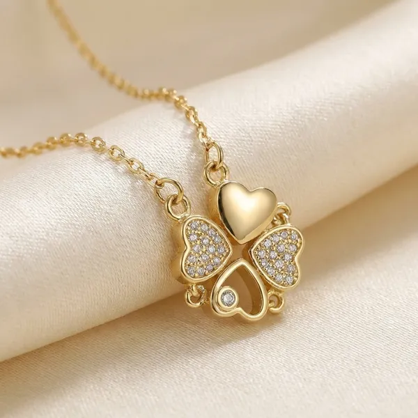 18K_Gold_Plated_Sparkling_Four-Leaf_Clover_Heart_Pendant_Necklace_-_Gold_Tone