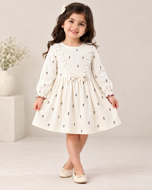 Snitz_Girls_Cream_Floral_Print__Frock__with_Lace_&_Bow_Detail