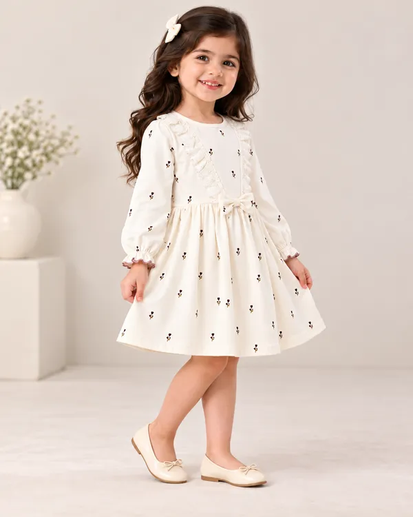 Snitz_Girls_Cream_Floral_Print__Frock__with_Lace_&_Bow_Detail