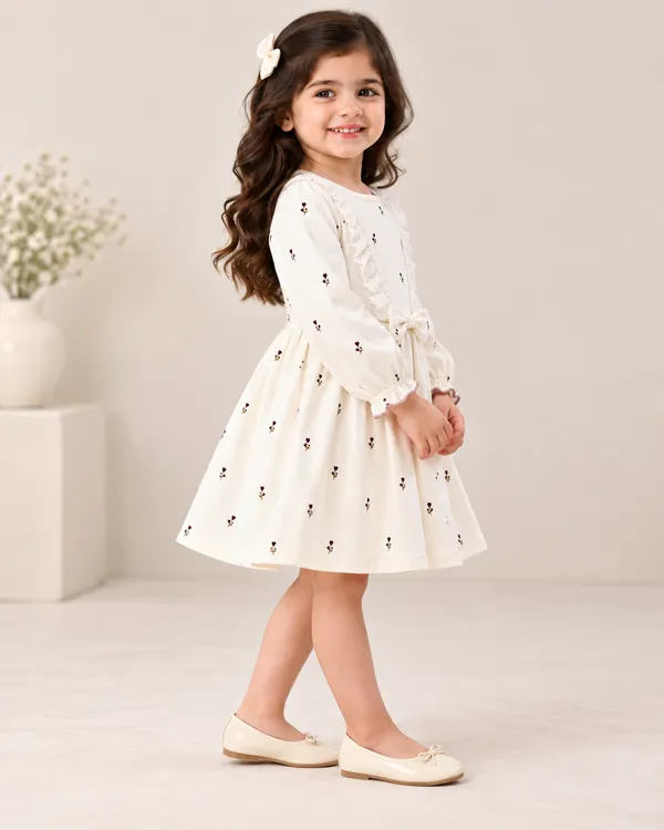 Snitz_Girls_Cream_Floral_Print__Frock__with_Lace_&_Bow_Detail