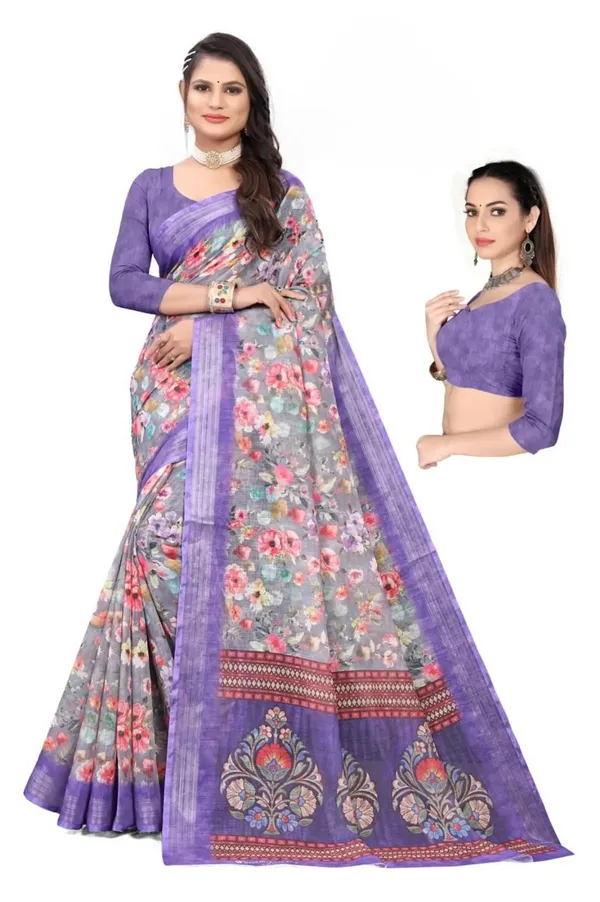 Grey_And_Royal_Purple_Linen_Saree_For_Women