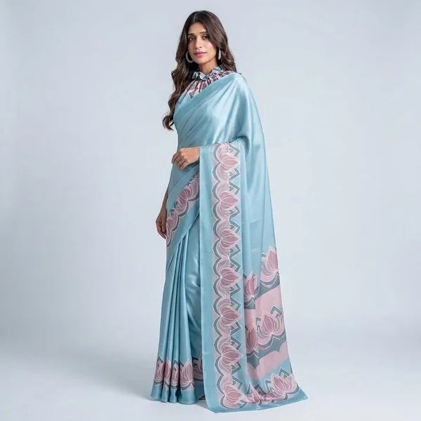 Teal_Blue_Satin_Georgette_Saree_For_Women