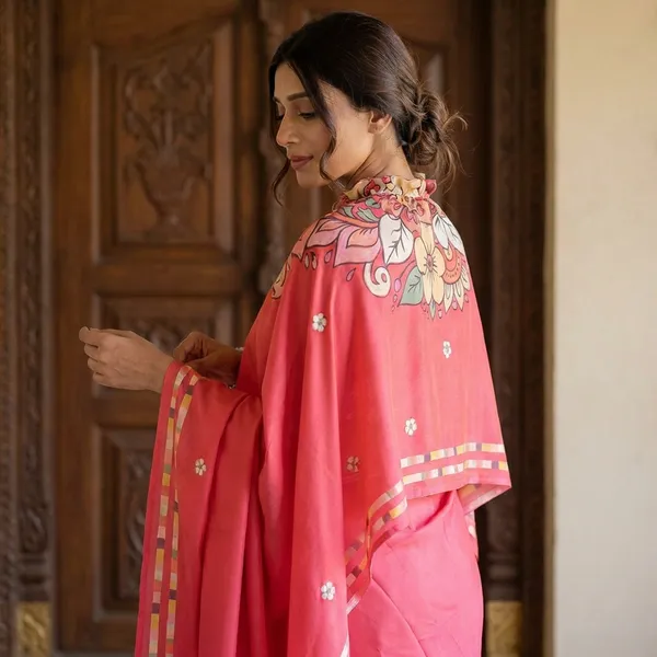 Coral_Pink_Satin_Georgette_Saree_For_Women