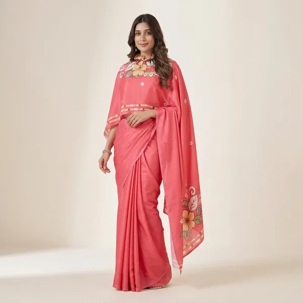 Coral_Pink_Satin_Georgette_Saree_For_Women