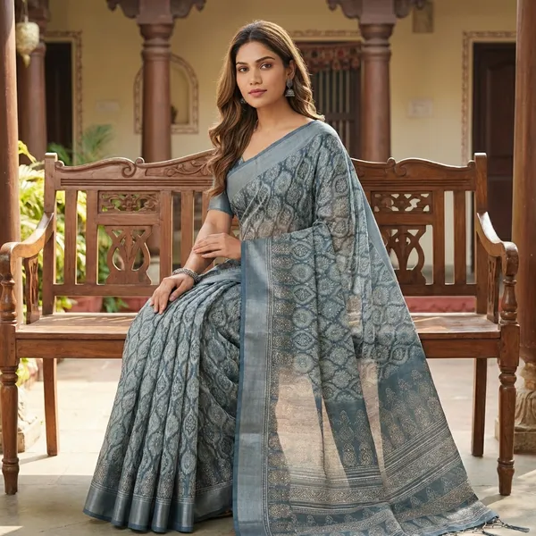 Teal_Blue_Linen_Saree_For_Women
