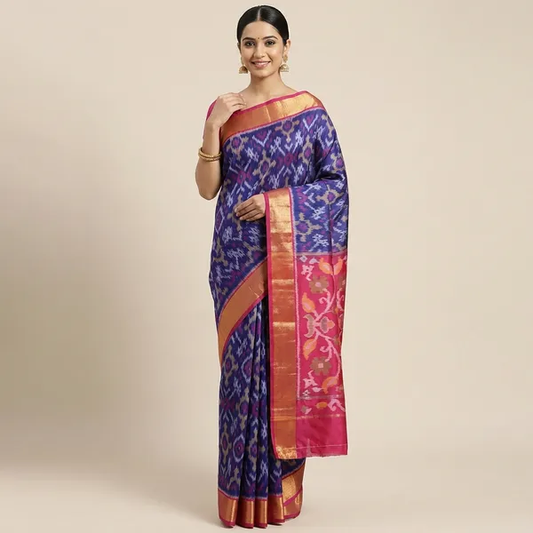 Blue_And_Red_Pochampally_Saree_For_Women