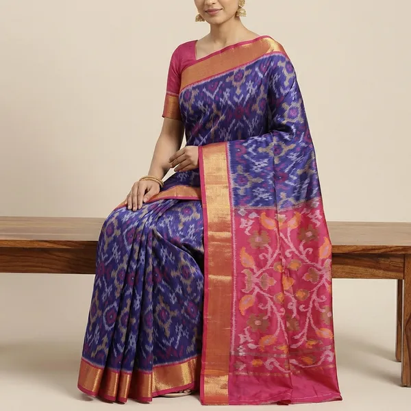 Blue_And_Red_Pochampally_Saree_For_Women