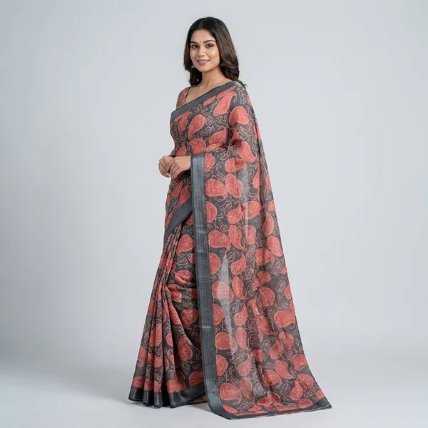Charcoal_Black_Pure_Cotton_Linen_Saree_with_Leafy_Paisley_Print_And_Tassel_Detailing_With_Unstitched_Blouse