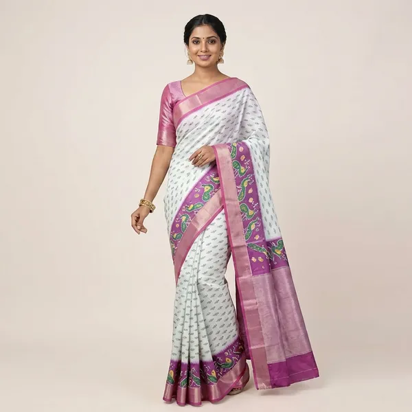 Purple_And_White_Pochampally_Saree_For_Women