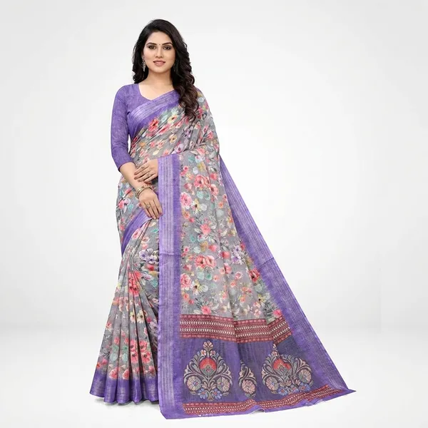 Grey_And_Royal_Purple_Linen_Saree_For_Women