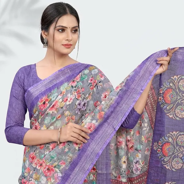 Grey_And_Royal_Purple_Linen_Saree_For_Women