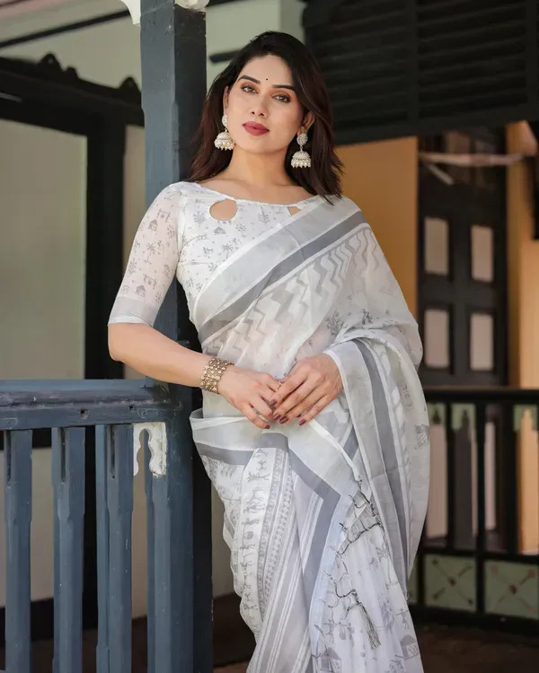 Grey_And_White_Linen_Saree_For_Women