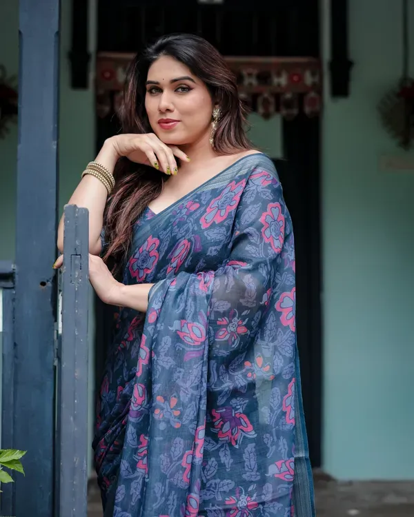 Navy_Blue_Pure_Cotton_Linen_Saree_with_Floral_Print_and_Tassel_Detailing_With_Unstitched_Blouse