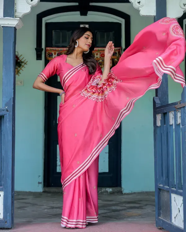 Bright_Pink_And_White_Satin_Georgette_Saree_For_Women