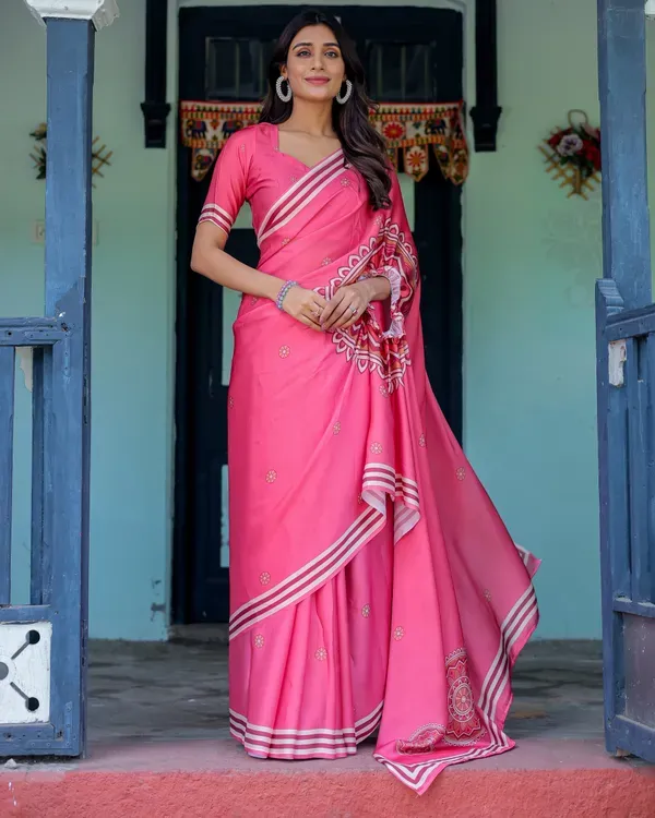 Bright_Pink_And_White_Satin_Georgette_Saree_For_Women