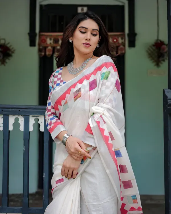 White_Pure_Cotton_Linen_Saree_with_Multicolor_Checkered_Design_And_Tassel_Detailing_With_Unstitched_Blouse