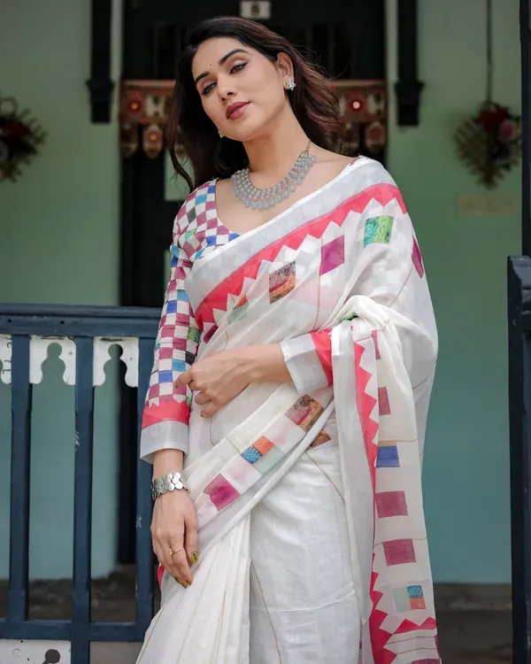 White_Pure_Cotton_Linen_Saree_with_Multicolor_Checkered_Design_And_Tassel_Detailing_With_Unstitched_Blouse