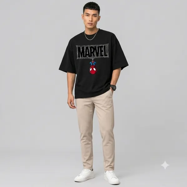 100_%_Cotton_Men's_Black_Oversized_Graphic_T-Shirt_with_Spider_Hero_Print_|_Trendy_Streetwear_Half_Sleeve_Loose_Fit_Tee_shirt_