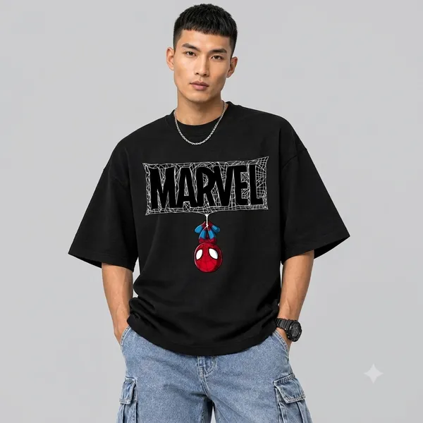 100_%_Cotton_Men's_Black_Oversized_Graphic_T-Shirt_with_Spider_Hero_Print_|_Trendy_Streetwear_Half_Sleeve_Loose_Fit_Tee_shirt_