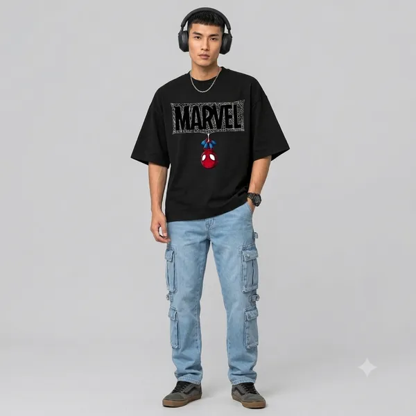 100_%_Cotton_Men's_Black_Oversized_Graphic_T-Shirt_with_Spider_Hero_Print_|_Trendy_Streetwear_Half_Sleeve_Loose_Fit_Tee_shirt_