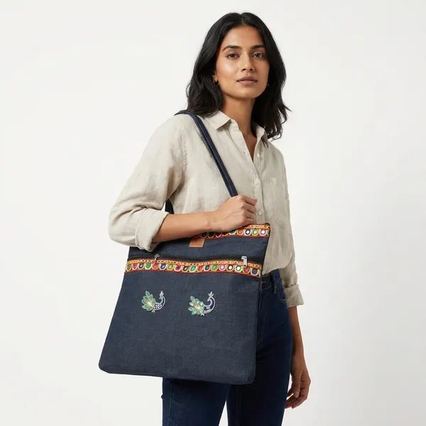 Navy_Blue_Embroidered_Peacock_Tote_Bag_With_Mirror_Work