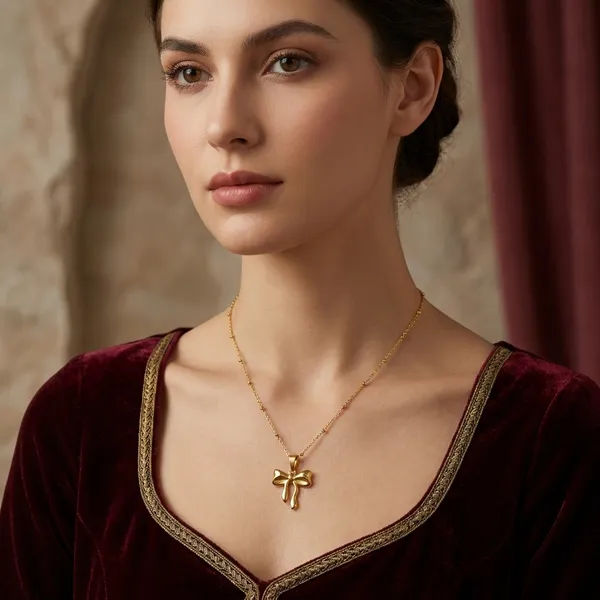 Golden_Elegant_Ribbon_Pendant_Chain_Necklace_For_Women_And_Girls