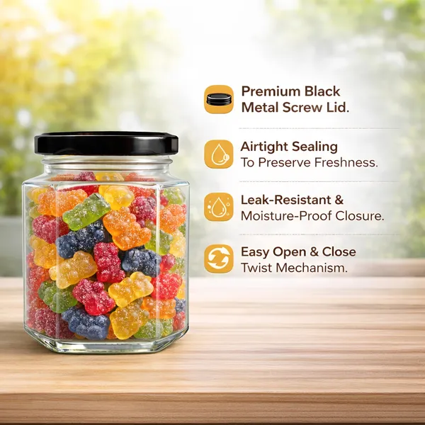 Cocinaire_250ml_Hexagon_Glass_Storage_Jar_with_Black_Metal_Screw_Lid,_Airtight_Clear_Kitchen_Container_for_Spices,_Dry_Fruits,_Pulses,_Grains_&_Pantry_Organization,_Leak_Proof_Food_Grade_Jar_(Pack_of_6)