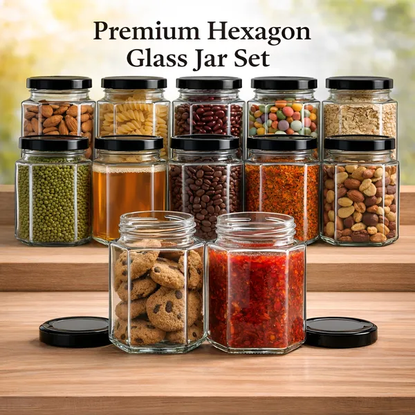Cocinaire_250ml_Hexagon_Glass_Storage_Jar_with_Black_Metal_Screw_Lid,_Airtight_Clear_Kitchen_Container_for_Spices,_Dry_Fruits,_Pulses,_Grains_&_Pantry_Organization,_Leak_Proof_Food_Grade_Jar_(Pack_of_6)