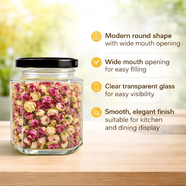 Cocinaire_250ml_Hexagon_Glass_Storage_Jar_with_Black_Metal_Screw_Lid,_Airtight_Clear_Kitchen_Container_for_Spices,_Dry_Fruits,_Pulses,_Grains_&_Pantry_Organization,_Leak_Proof_Food_Grade_Jar_(Pack_of_6)